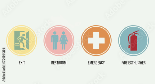 Emergency exit restroom fire extinguisher safety signs for building evacuation and emergency preparedness plan vector