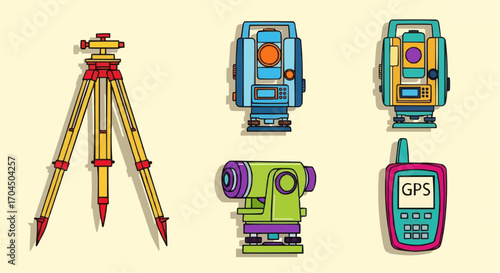 Explore surveying equipment theodolite total station gps level and tripod for land measurement and construction vector