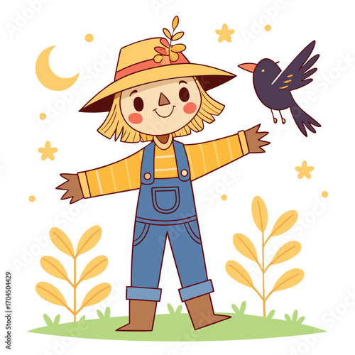 Smiling scarecrow with straw hair happily greets a black crow in the autumn field