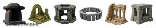 Ancient stone structures set including weathered dolmen, mossy arch, ancient well, stone circle, crumbling temple, and standing stones isolated. Environment assets for fantasy games.