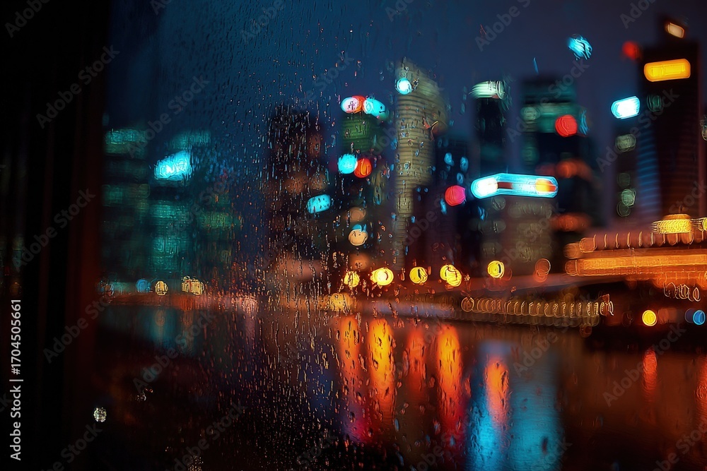 Obraz premium City Lights Through A Rainy Window At Night