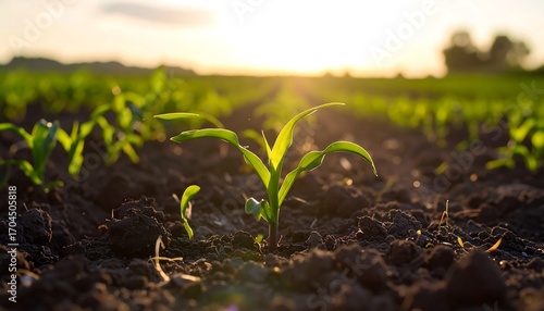 Young corn sprouts in fertile soil, bathed in warm sunset light