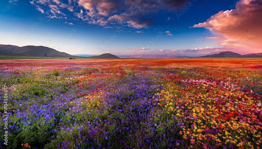 Obraz premium A Vast Field Stretches Out Bursting With A Vibrant Tapestry Of Wildflowers In Every Shade Of The Rainbow