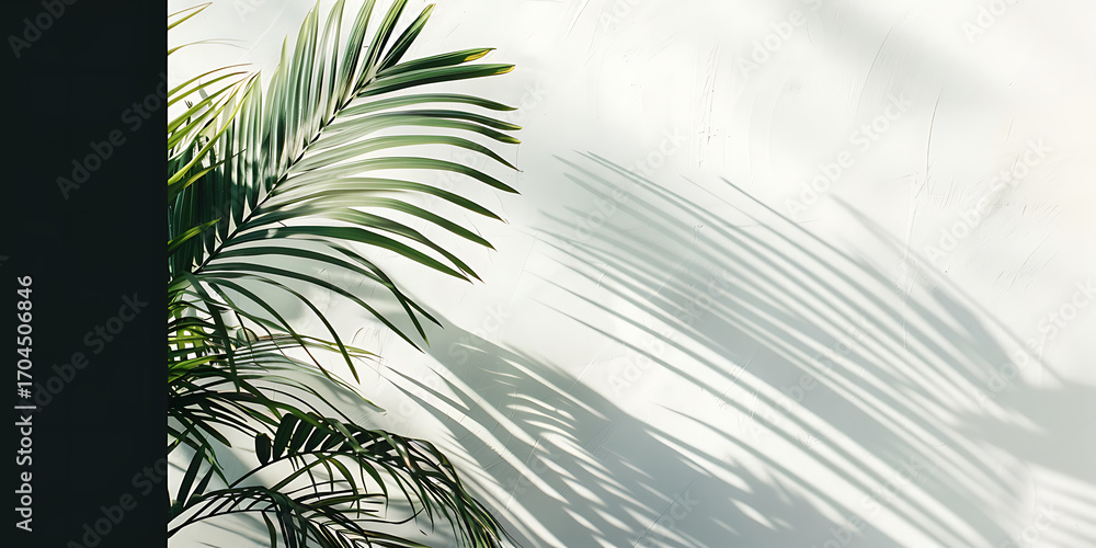 Fototapeta premium Lush green palm fronds cast dramatic shadows on a textured white wall, evoking a tropical, serene atmosphere.
