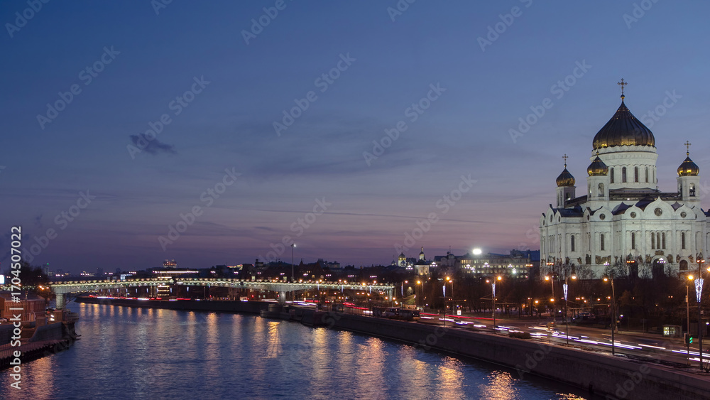 Fototapeta premium Majestic orthodox Cathedral of Christ Saviour day to night Timelapse hyperlapse, Russia