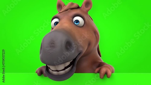 A cheerful cartoon horse peeking over a green screen background with a meme-like expression.