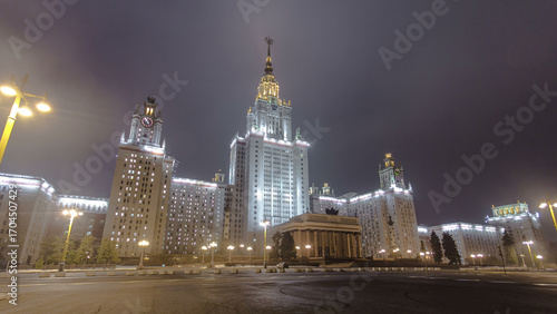The Main Building Of Moscow State University On Sparrow Hills At Winter timelapse hyperlapse at Night
