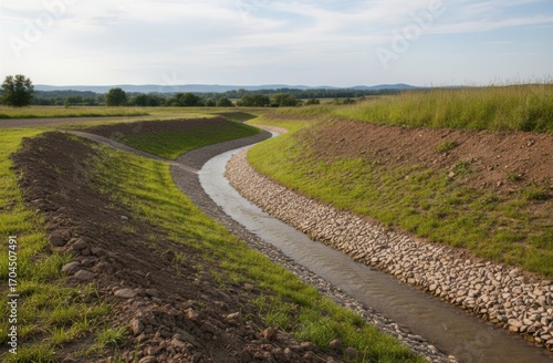 Medium shot of a graded drainage channel demonstrating sloped terrain management to direct surface runoff and prevent water accumulation.