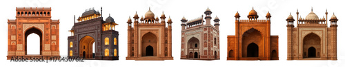 Indian architectural gates set including diverse styles and designs isolated. Historical and cultural heritage collection.