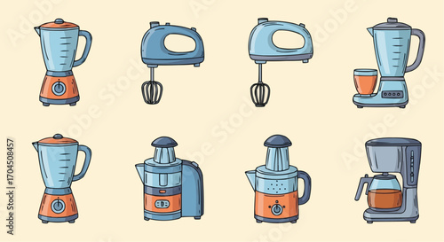 Kitchen appliances illustration featuring blenders mixers juicers and coffee makers for cooking enthusiasts vector