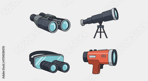 Explore the world with binoculars telescope and night vision goggles for outdoor adventures and observation vector