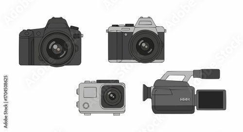 Photography equipment and videography gear digital slr camera action cam and camcorder for shooting images videos vector