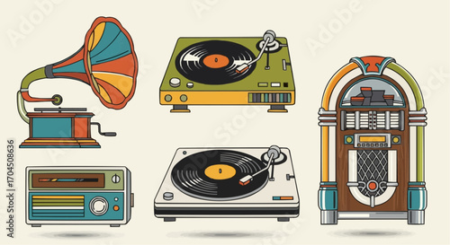 Vintage audio equipment vector illustration featuring gramophones turntables radios and jukeboxes for music lovers vector