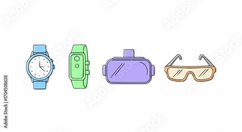 Explore wearable technology gadgets including smart watch vr headset and glasses for modern lifestyle tech trends vector