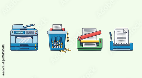 Office equipment printer shredder paper cutter and paper trimmer vector illustration for office supply needs vector