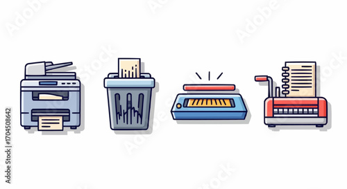 Office equipment printer shredder document scanner and paper shredder machine for business and home use needs vector