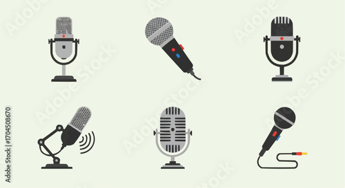 Collection of microphone vector illustrations for podcasting recording singing and broadcasting equipment use vector