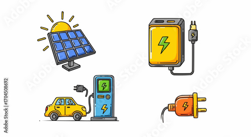 Explore sustainable energy solutions solar panel electric car charging station and power adapter illustration vector