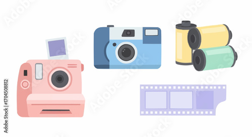 Explore vintage camera collection instant film camera photography equipment and film rolls for retro aesthetic vector