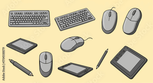 Illustration of computer peripherals keyboard mouse graphic tablet stylus input devices for digital art design vector