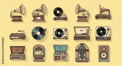 Vintage record players and jukeboxes collection for music lovers and retro audio equipment enthusiasts vector