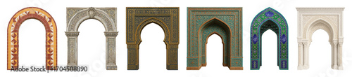 Ornate architectural arches set including Moroccan, Islamic, and Middle Eastern designs isolated. Ancient and cultural entryway elements.