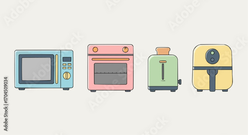Stock vector illustration of kitchen appliances microwave oven toaster and air fryer for cooking food vector