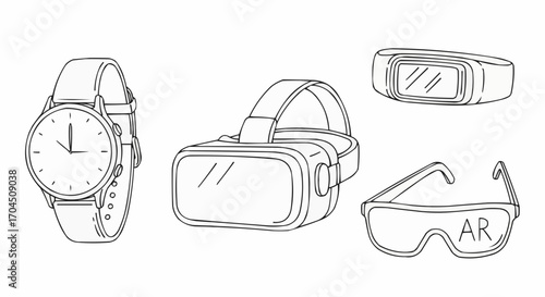 Wearable technology vector illustration featuring smartwatch vr headset fitness tracker and augmented reality glasses vector