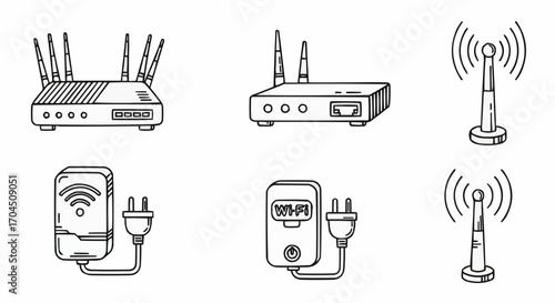 Wireless router wifi extender network signal booster internet connection devices technology illustration set vector