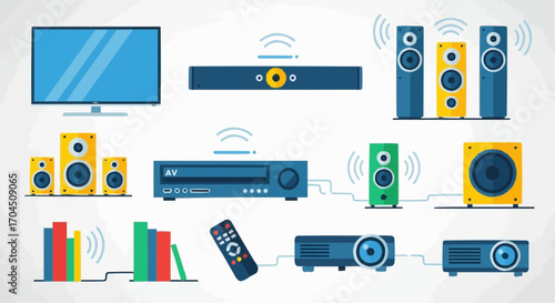 Home theater system setup guide with tv speakers projector and soundbar for entertainment enthusiasts vector