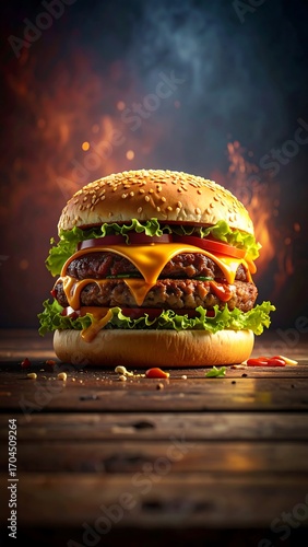 Juicy cheeseburger with flames in the background