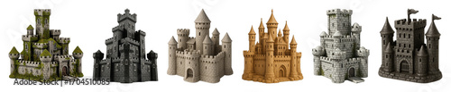 Fantasy castle set including grey stone, ancient, golden, and weathered fortresses isolated. Medieval architecture and game asset collection.