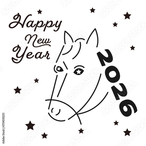 2026年 午年の年賀状 馬の線画のイラストとHappy New Yearの文字 ポップなデザイン 白黒