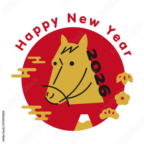 2026年 午年の年賀状 かわいい馬のイラストとロゴ風デザイン
