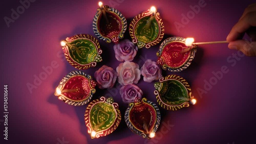 Sparkling Diwali candles with flower petals