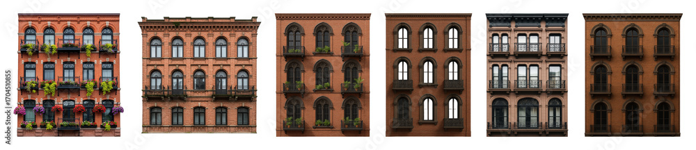 Fototapeta premium Historic building facades set including ornate windows, balconies, and brick textures isolated. European city architecture and exterior elements.