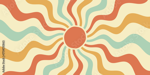 Groovy retro sun burst with sunshine in flat, wavy shapes. Background in orange and yellow, burst and y2k style give a playful look. Horizontal format for cool wallpaper.