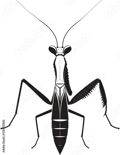 Black and white illustration of a praying mantis