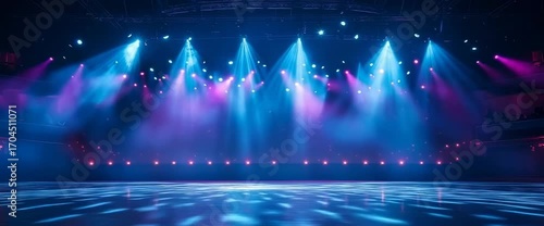 A stage with blue lights and a white floor. The stage is empty