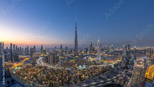 Dubai Downtown day to night timelapse view from the top in Dubai, United Arab Emirates