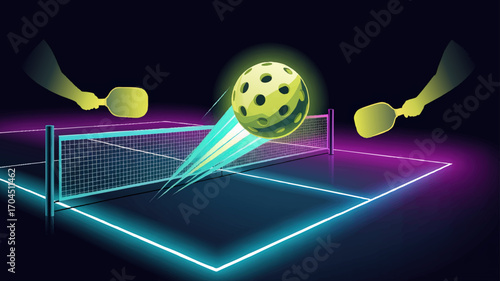 Vibrant Neon Pickleball Court Illustration with Glowing Paddles, Dynamic Ball Action, and Modern Futuristic Sports Design