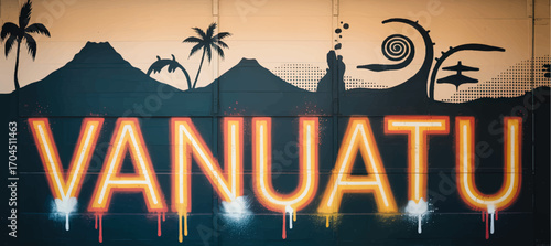 Vibrant Vanuatu Street Art Mural with Neon Lettering, Tropical Palms, Volcanic Silhouette & Indigenous Motifs – Island Culture Illustration