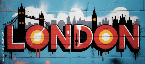 Vibrant London Street Art Graffiti Mural with Tower Bridge and Big Ben Skyline on Urban Brick Wall, Modern Pop Art Illustration