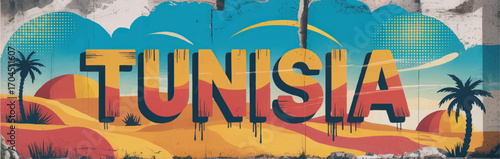 Vibrant Tunisia Graffiti Wall Art with Desert Landscape, Palm Trees, Sunset, and Bold Typography in Retro Pop Art Style