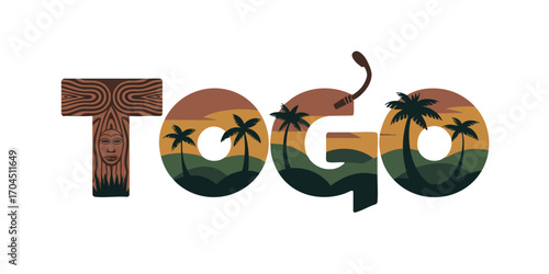 Togo Typography Vector with African Tribal Mask, Savannah Landscape, Palm Trees, and Traditional Pipe – Vibrant Cultural Illustration