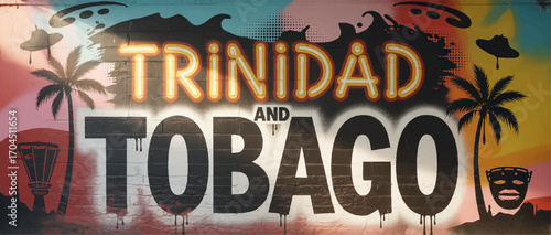 Vibrant Trinidad and Tobago Street Art Mural with Palm Trees, Carnival Mask, Drums, and Tropical Graffiti Elements