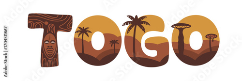 Togo Typography Vector with African Landscape, Palm Trees, Tribal Mask, Savanna and Baobab Illustration for Travel and Culture Design