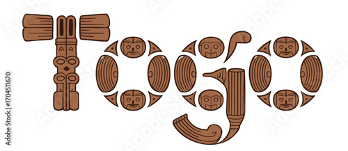 Tribal Totem-Inspired Lettering Art, Wooden Mask and Carved Symbol Typography on Transparent Background, Vector Illustration