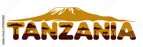 Tanzania Landscape Illustration with Mount Kilimanjaro, Acacia Trees, Wildlife, and Savannah in African Safari Typography Art