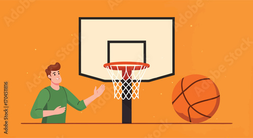 Young man in a green shirt playing basketball illustration.
